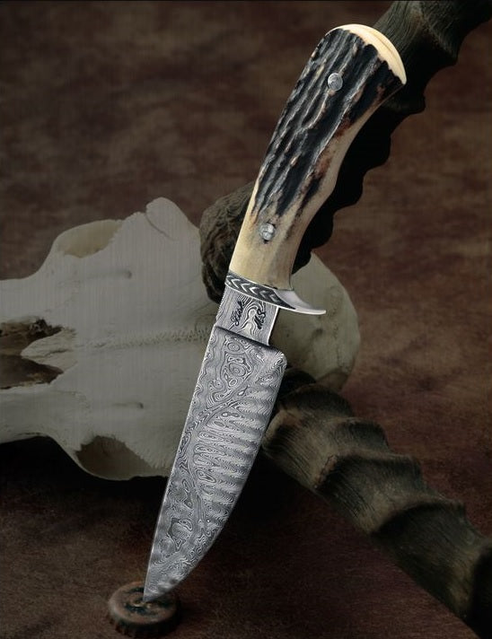 KBS Knives The Huntsman's Masterpiece: Full Tang Damascus Steel Hunting Knife with Antler Horn Handle
