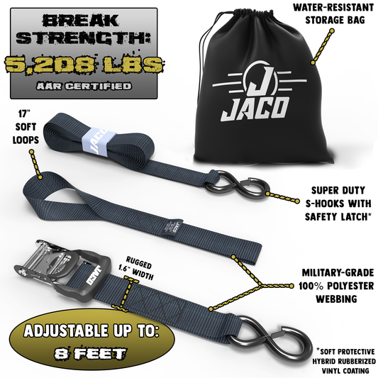 Jaco Tie Down Ratchet Straps with Soft Loops (1.6 in x 8 ft) - Heavy Duty Set | AAR Certified Break Strength (5,208 lbs)