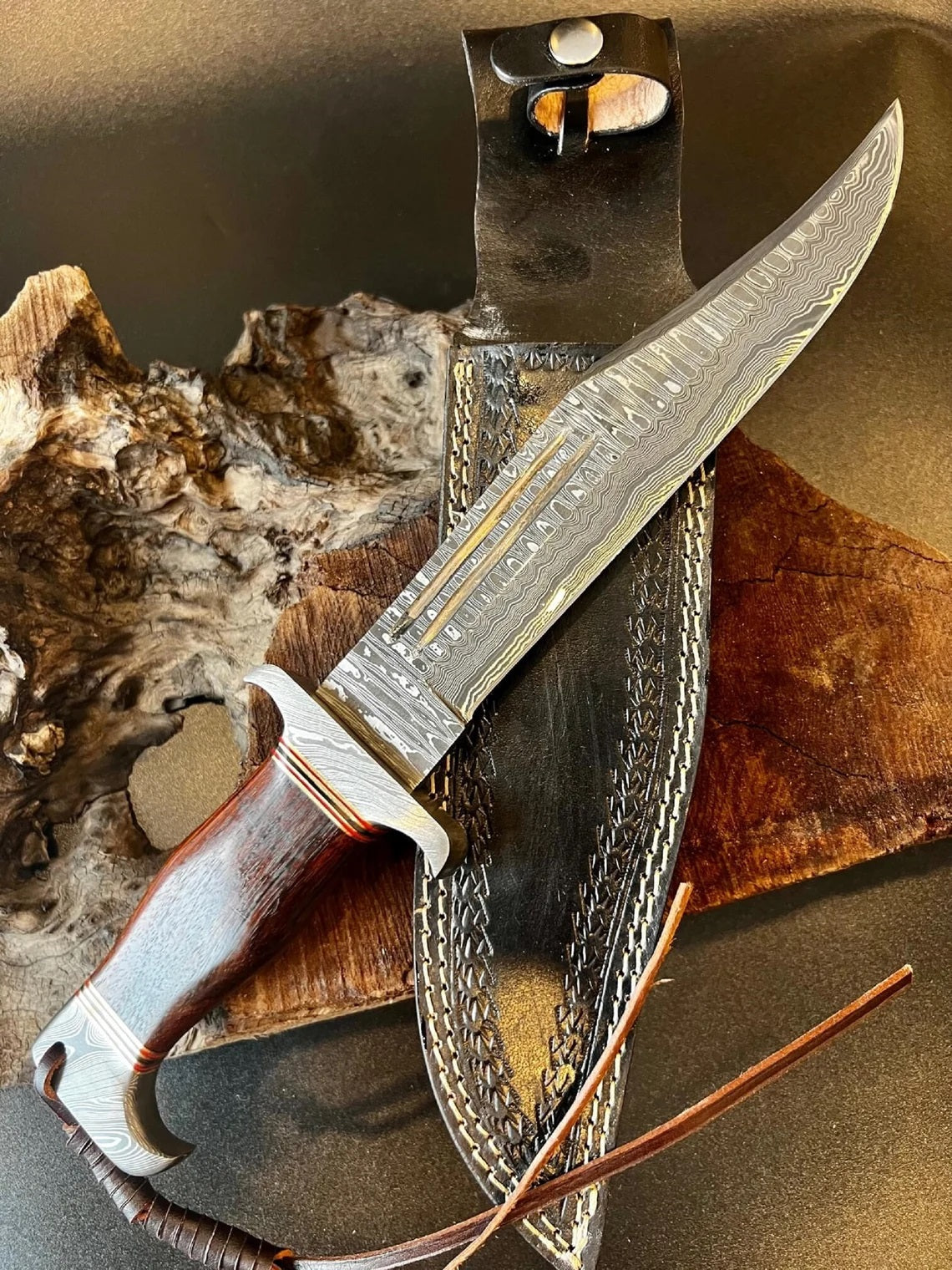 KBS Knives Custom Handmade Damascus Steel Bowie Knife with Blood Groove Blade and Wenge Wood Handle