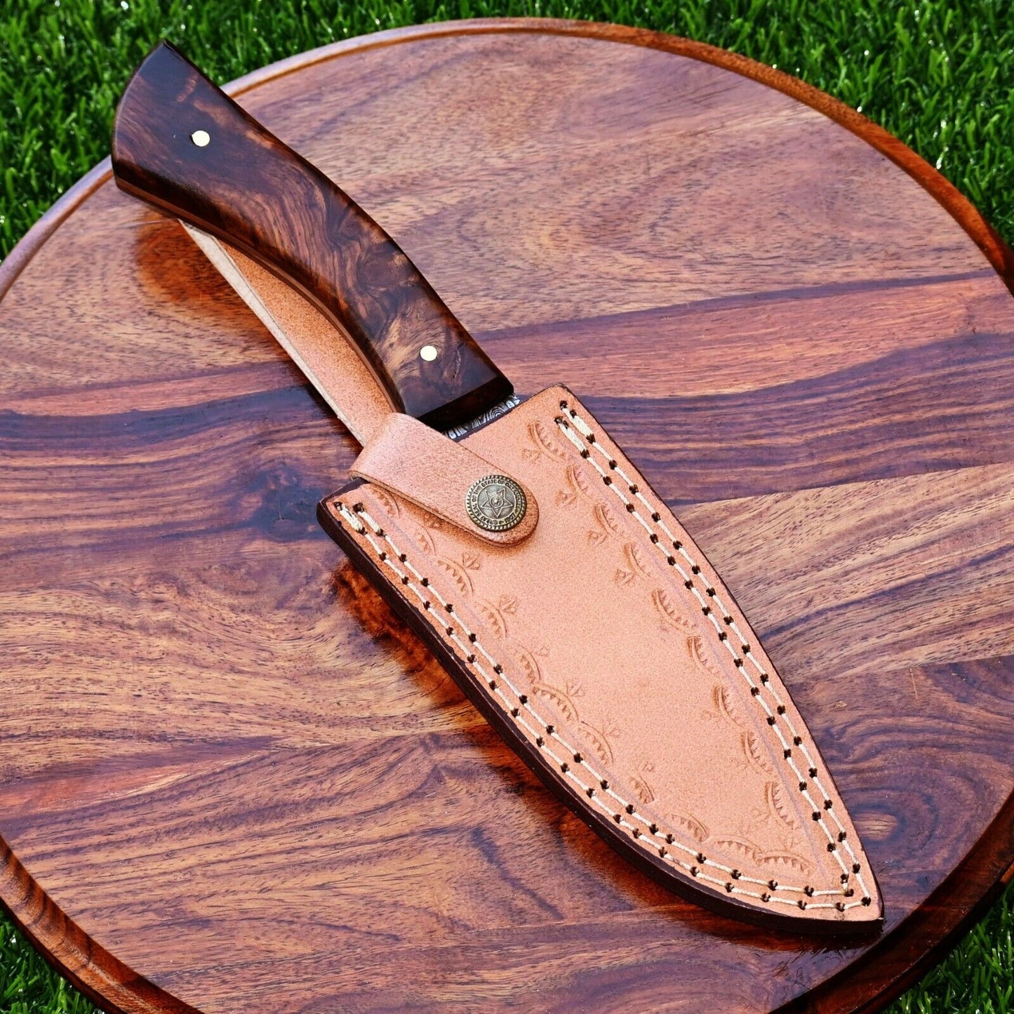 Texan Knives Damascus Steel Hunting Knife – 10" with Rosewood Handle and Leather Sheath