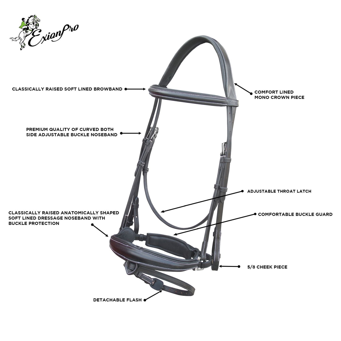 Bridles & Reins ExionPro Dressage Bridle: Mono Crown, Raised Browband, Anatomical Noseband, Detachable Flash & Web Reins
