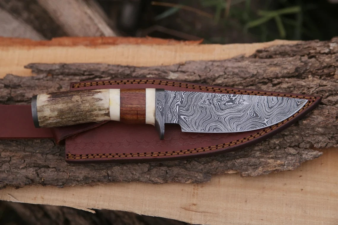 KBS Knives Custom Handmade Damascus Steel Hunting Knife with Rosewood, Stag Horn, Bone and Damascus Guard Handle