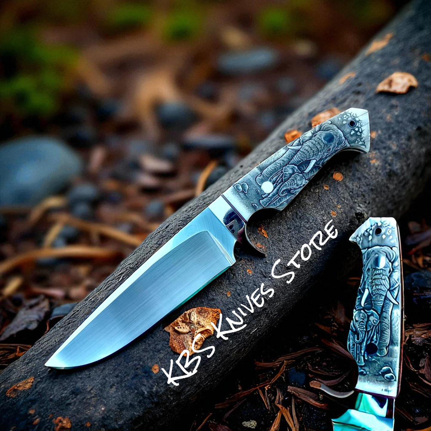 KBS Knives Scrimshaw Hunting Knife – 11" Full Tang D2 Steel with Camel Bone & Engraved Handle + Leather Sheath
