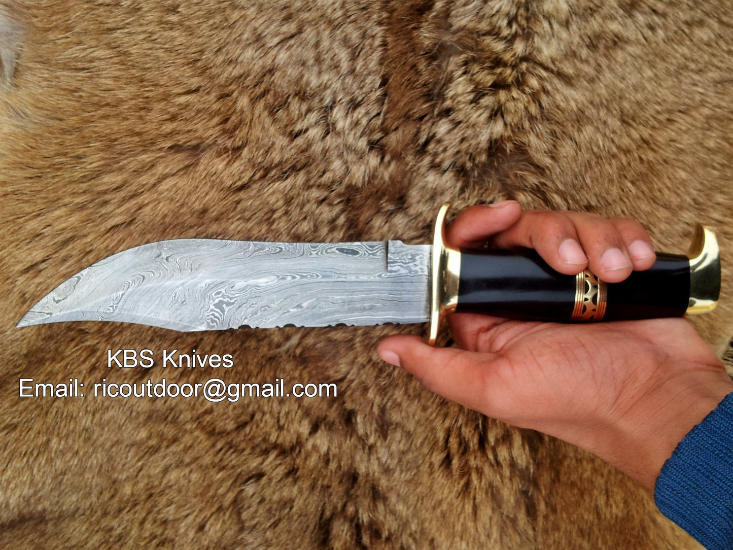 KBS Knives Custom Handmade Hunting Bowie Knife with Damascus Steel Blade & Buffalo Horn Handle - 13 Inches