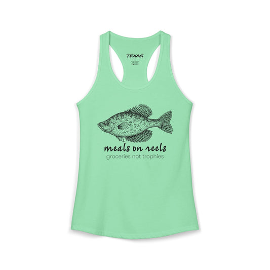 Texas Rigged Tees Meals on Reels: Groceries Not Trophies — Women’s Racerback Tank