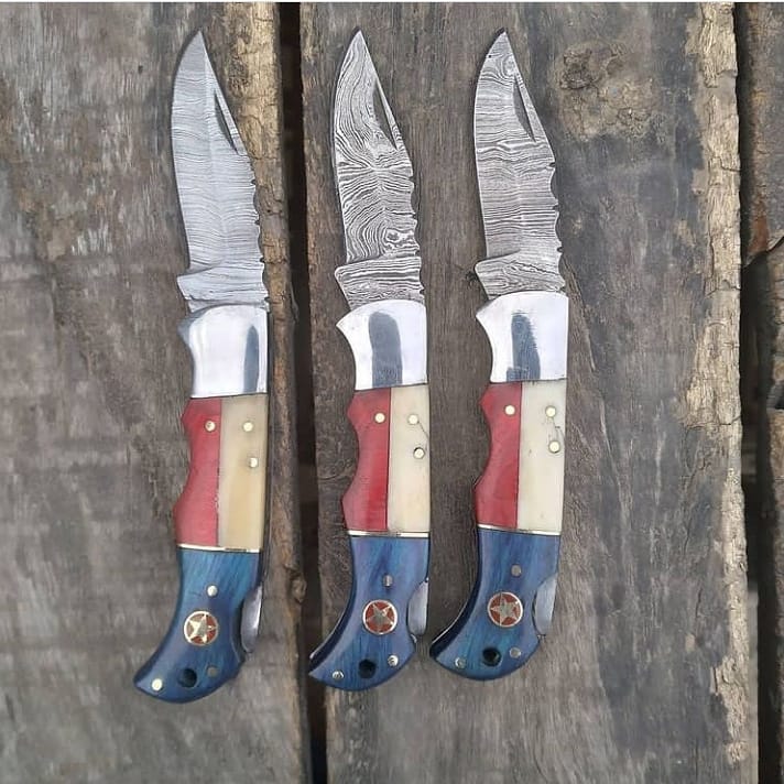 KBS Knives Texas Flag Handle Folding Pocket Knife with Bone and Exotic Blue and Red Wood Handle and Leather Case by KBS Knives Store