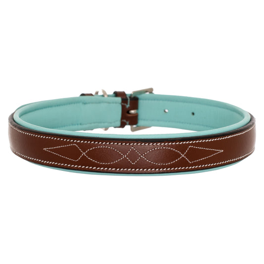 Bridles & Reins ExionPro Fancy Stitched Padded Leather Dog Collar - Sky Blue Padding