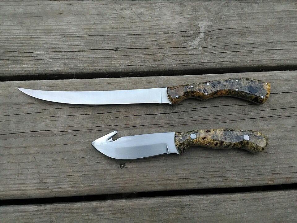 KBS Knives D2 Steel Handmade Fillet Boning Knife and Gut hook Hunting Knife with Epoxy Resin Handle, 13-Inch and 8.25-Inch Overall Length