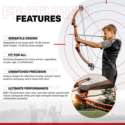 Genesis Original Archery Compound Bow w/ Adjustable Sizing, Left Handed, Orange
