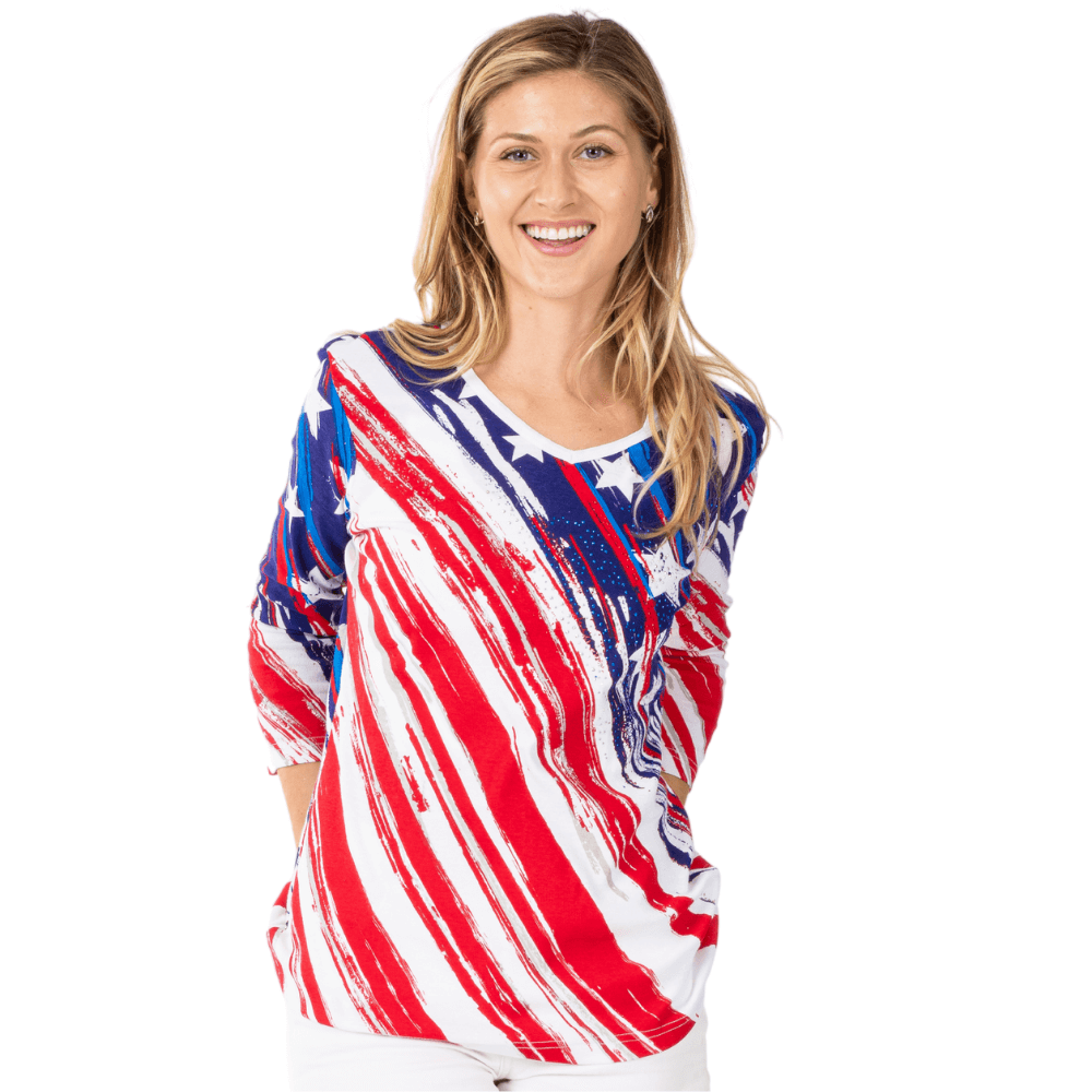 The Flag Shirt Women's Stars and Stripes American Flag 3/4 Sleeve Top