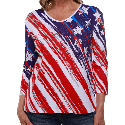 The Flag Shirt Co - Women's Stars and Stripes American Flag 3/4 Sleeve Top