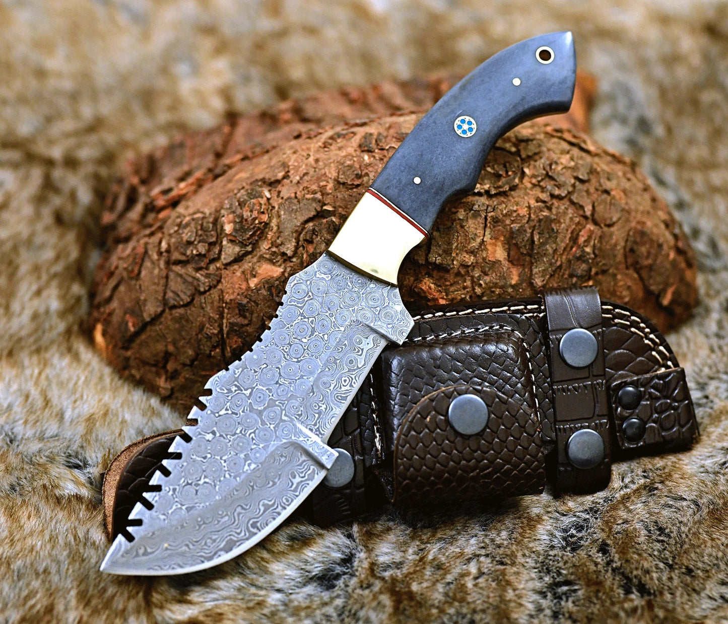 KBS Knives Damascus Steel Handmade Tom Brown Best Tracker Knife For Sale with Color Bone and Brass Bolster Handle