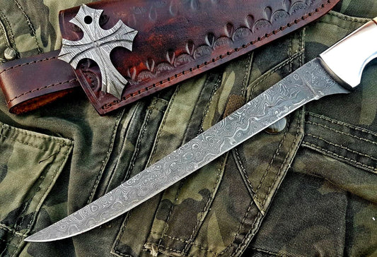 KBS Knives KBS Knives Store Handmade Damascus Steel Fillet Boning Knife with Bone and Steel Bolster Handle and Leather Sheath
