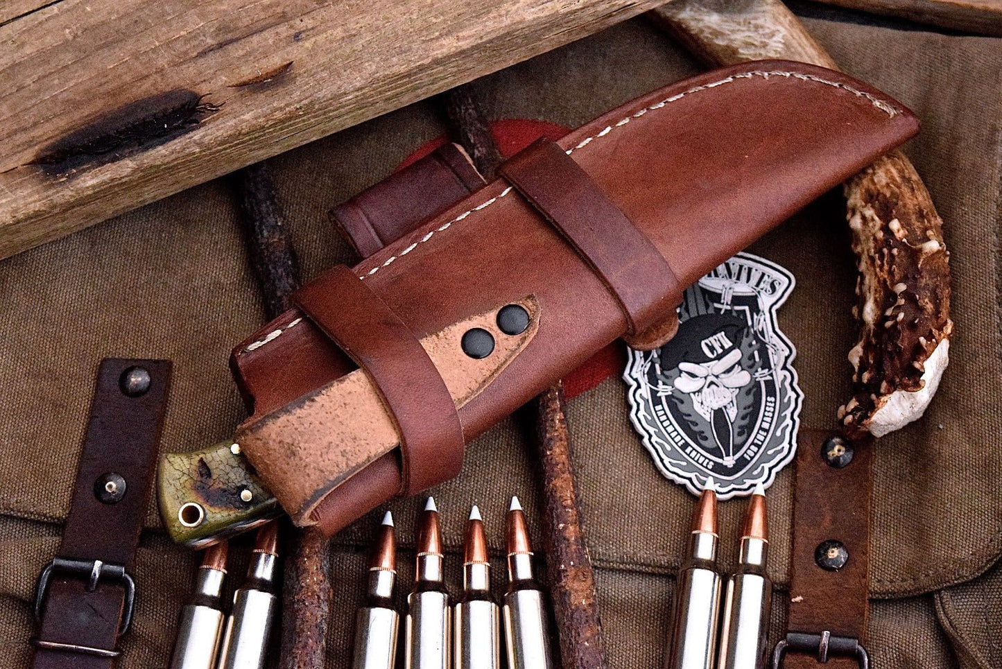 KBS Knives Handcrafted Deer Hunting Knife with Damascus Steel & Sheep Horn Handle