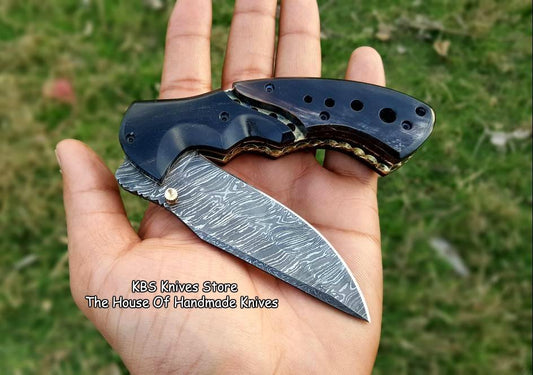 KBS Knives Custom Handmade Damascus Blade EDC Folding Pocket Knife With Pocket Clip