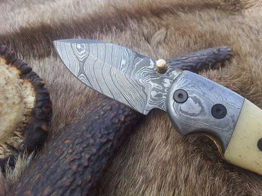 KBS Knives Everyday Carry Damascus Steel Folding Pocket Knife with Bone Handle & Damascus Bolster