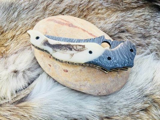 KBS Knives Custom Handmade Damascus Steel Unique Folding Pocket Knife with Engraved Bone Handle and Leather Case