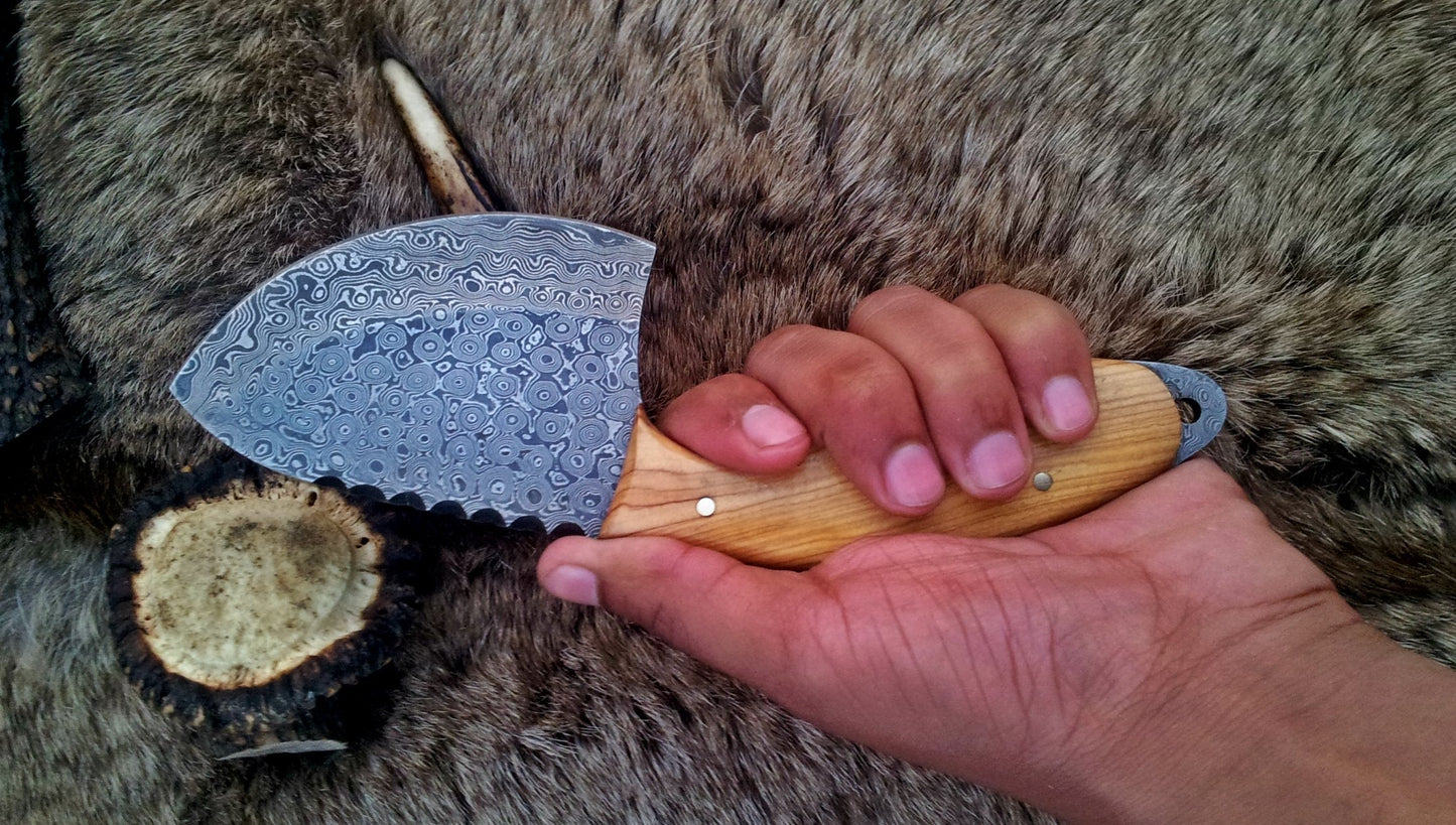KBS Knives Raindrops Damascus Steel Gut Hook Skinning Knife – 9 Inch Overall Length with Olive Wood Handle
