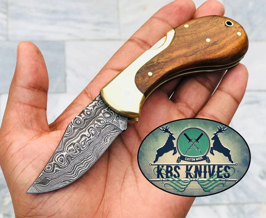KBS Knives Custom Handmade Damascus Steel New Folding Pocket Knife with Rosewood Handle and Leather Case by KBS Knives Store.