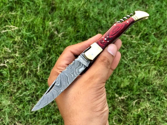 KBS Knives New Custom Handmade Damascus Steel Steak Blade Pocket Knife With Corkscrew Wine Opener