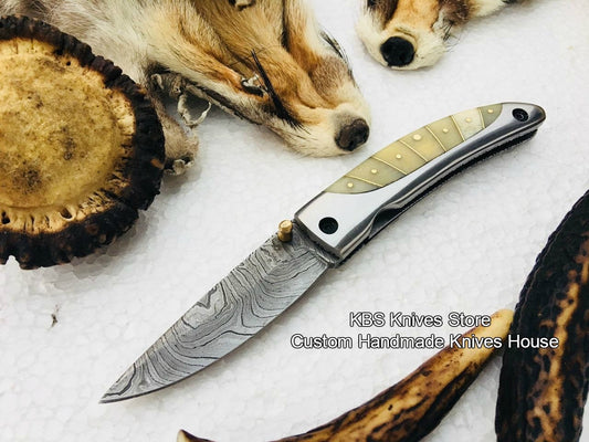 KBS Knives Custom Handmade Damascus Steel Blade Folding Pocket Knife