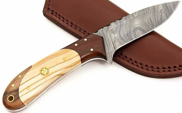 KBS Knives Custom Handmade Small Hunting Knife in Damascus Steel with Olivewood and Rosewood Handle