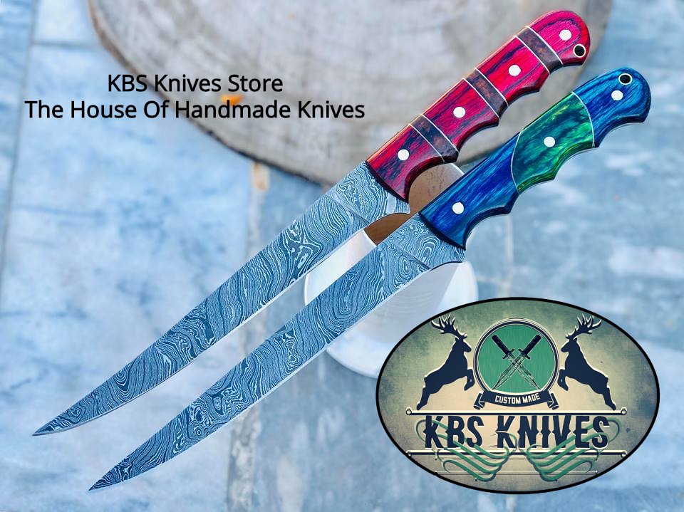 KBS Knives Damascus Steel Handmade Fillet Boning Knife with Exotic Color Wood Handles, 13 Inches with Leather Sheath by KBS Knives Store