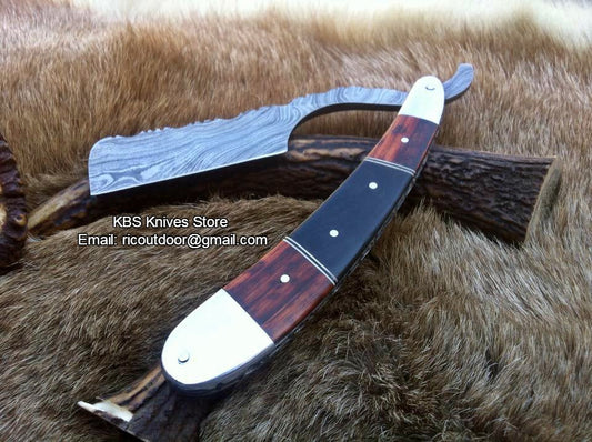 KBS Knives Luxury Antique Razor with Damascus Steel Blade and Buffalo Horn-Rosewood, Brass Bolsters Handle - Includes Leather Case - Available Exclusively at KBS Knives Store