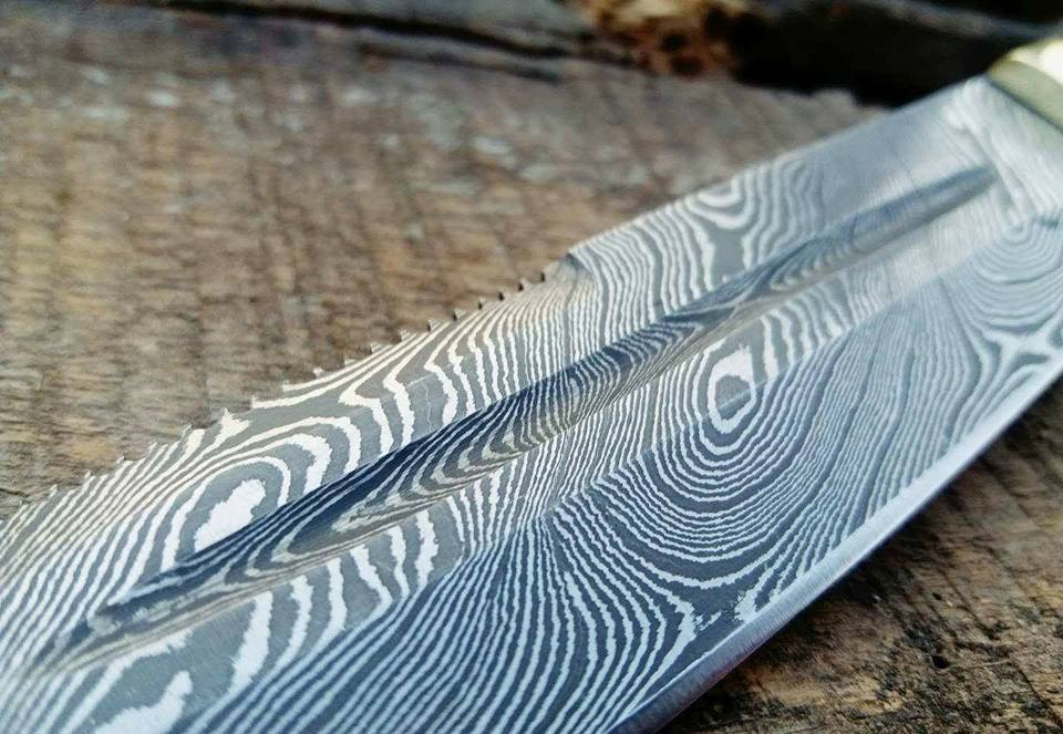 KBS Knives Handcrafted Tanto Hunting Knife in Damascus Steel with Blood Groove