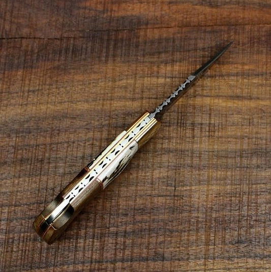 KBS Knives Custom Handmade Damascus Steel Folding Pocket Knife with Rosewood, Antler Horn, and Brass Bolster Handle and Leather Case