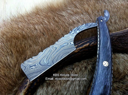 KBS Knives Luxury Antique Razor with Damascus Steel Blade and Exotic Pakka Wood, Brass Liner Handle - Includes Leather Case - Available Exclusively at KBS Knives Store