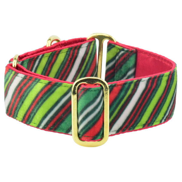 2 Hounds Design Christmas Stripes Elite Swiss Velvet Martingale Dog Collar