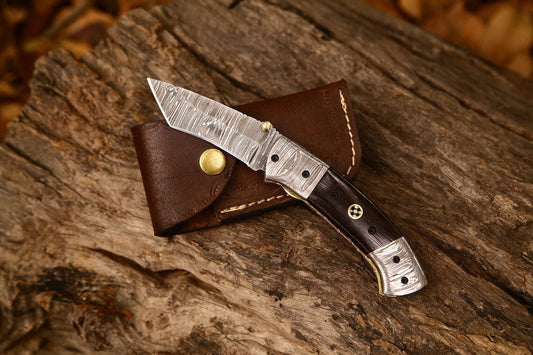 KBS Knives Custom Handmade Damascus Steel Tanto Blade EDC Folding Pocket Knife | 3-Inch Blade, Wenge Wood Handle, Leather Case | Groomsman Gift