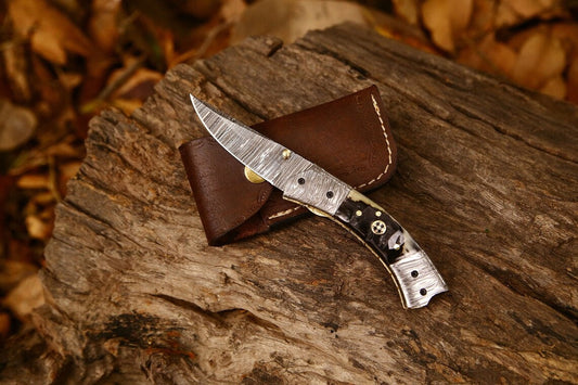 KBS Knives Best Custom Handmade Damascus Steel EDC Folding Pocket Knife | 3-Inch Blade, Sheep Horn Handle, Leather Case | Ideal Gift for Any Occasion by KBS Knives