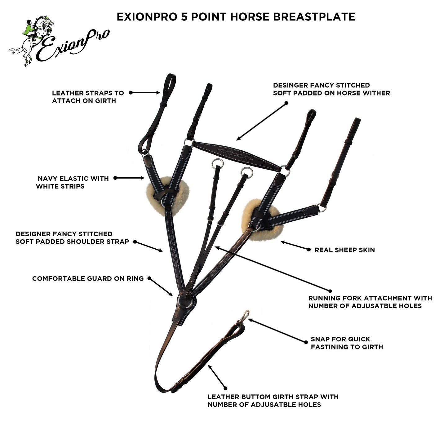 Bridles & Reins ExionPro 5 Point Breastplate - Navy Blue Elastic with White Lines
