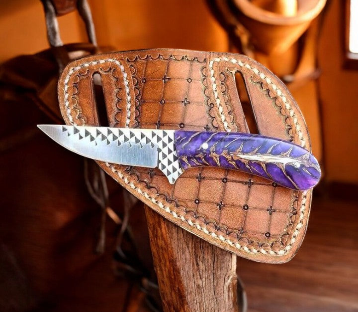 KBS Knives Farriers Rasp for Sale – 7.25" Rasp Steel Blade with Pine-Cone Purple Resin Handle & Western Sheath