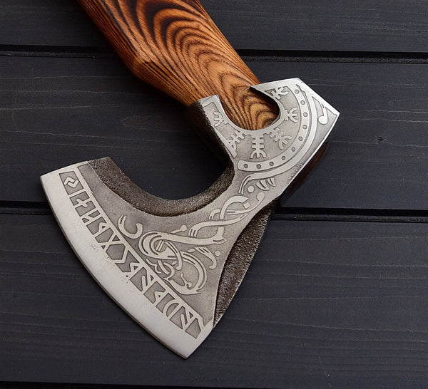 KBS Knives Store Viking Tomahawk for Sale - Engraved 1095 Forged Steel Blade, Ash Wood Handle with Leather Wrap, Leather Sheath - KBS Knives Store