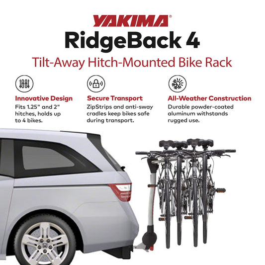 Yakima RidgeBack Tilt Away Hitch Bike Rack Holds 4 Bikes for Cars, SUVs, Trucks