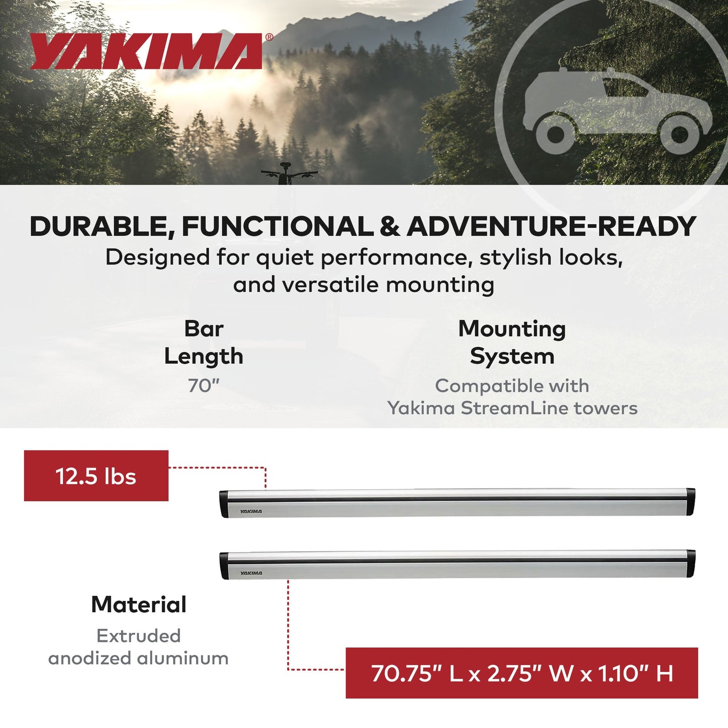 Yakima 70 Inch Pair JetStreamRoof Rack Crossbars, Compatible w/StreamLine Towers