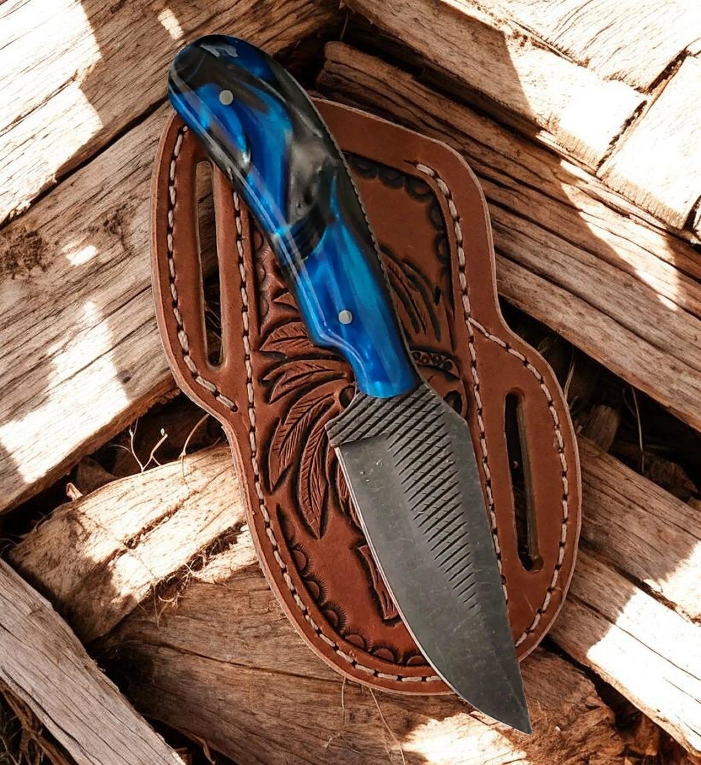 Frontier Cowboy Gear The Doc Holliday – Custom Handmade Old Rasp Steel Knife with Epoxy Resin Handle & Leather Sheath
