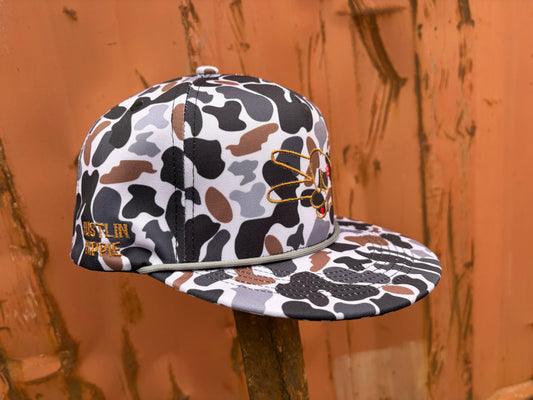 Hustlin Hippie PL Series 5 Panel Snapback Hat w/Rope- CAMO- BROWN LOGO w/ Bold Style