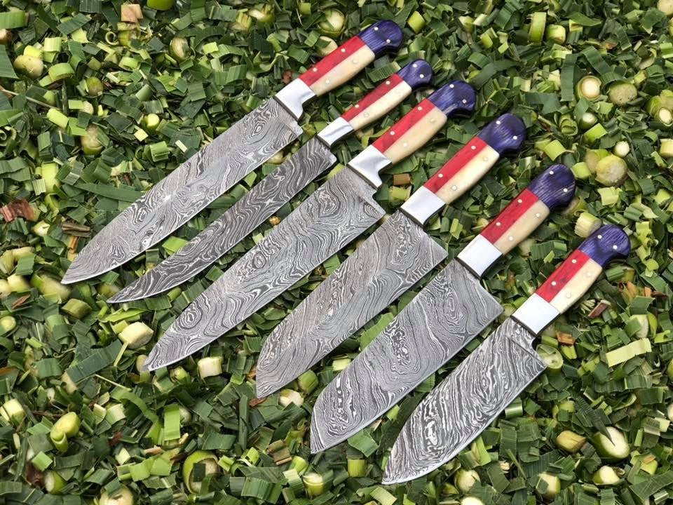 KBS Knives Artisan's Touch: 6-Piece Kitchen Knives Set with Twist Damascus Steel Blades, Exotic Wood and Bone Handles - Presented in a Leather Roll