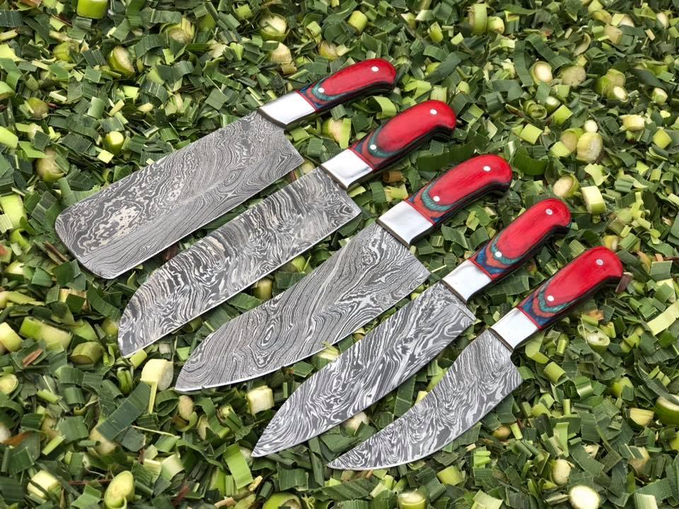 KBS Knives Artisanal Exotic Color Wood 5-Piece Kitchen Knives Set with Twist Damascus Steel Blades and Steel Bolsters - Culinary Mastery in a Leather Roll