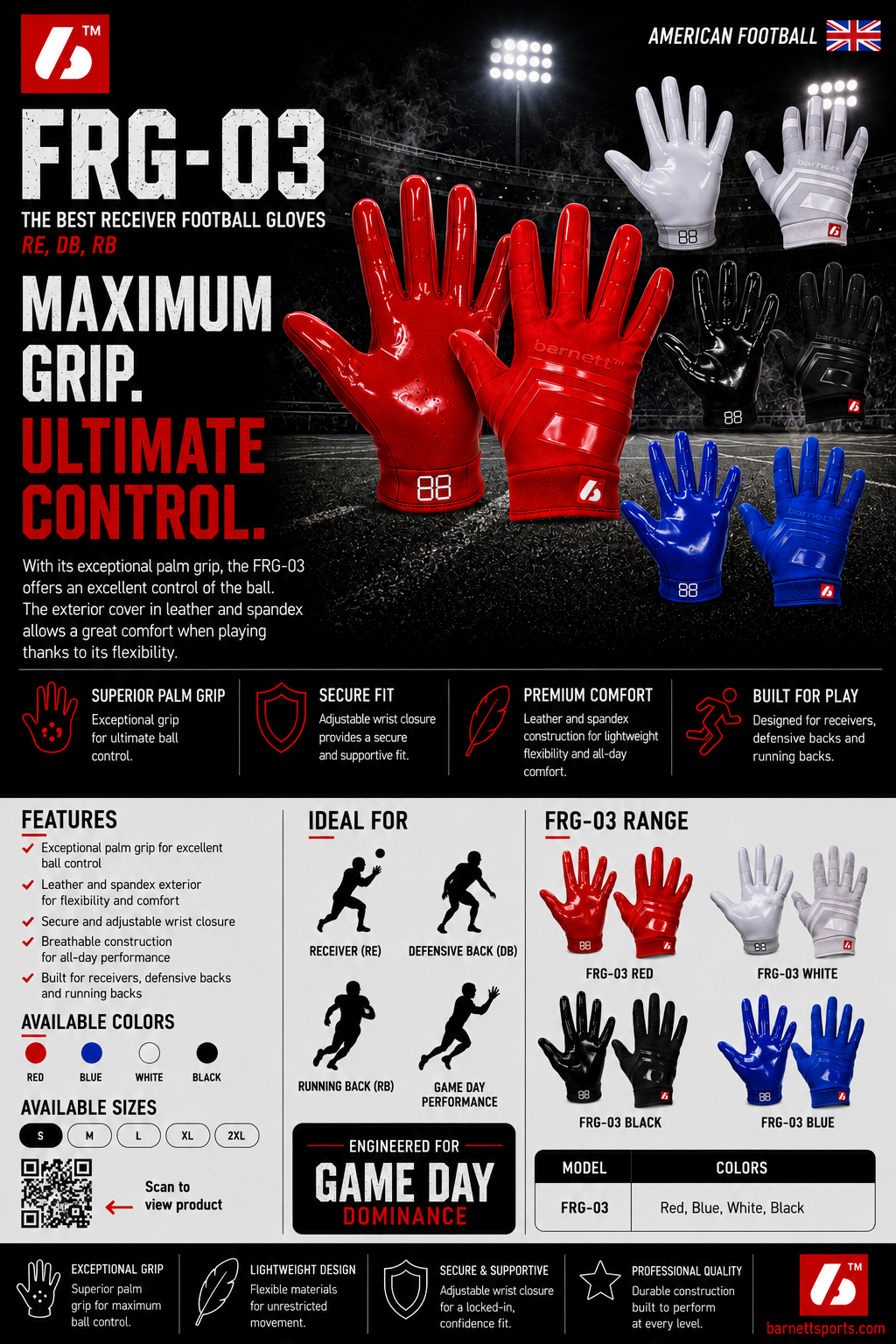 Barnett FRG-03 The best receiver football gloves, Red