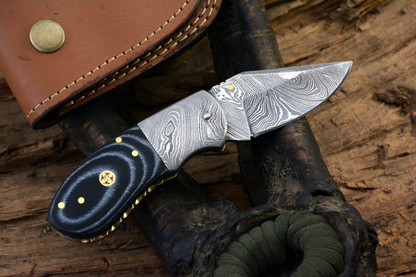 KBS Knives Custom Handmade Damascus Steel EDC Small Folding Pocket Knife with Canvas Micarta Handle and Leather Case by KBS Knives Store.