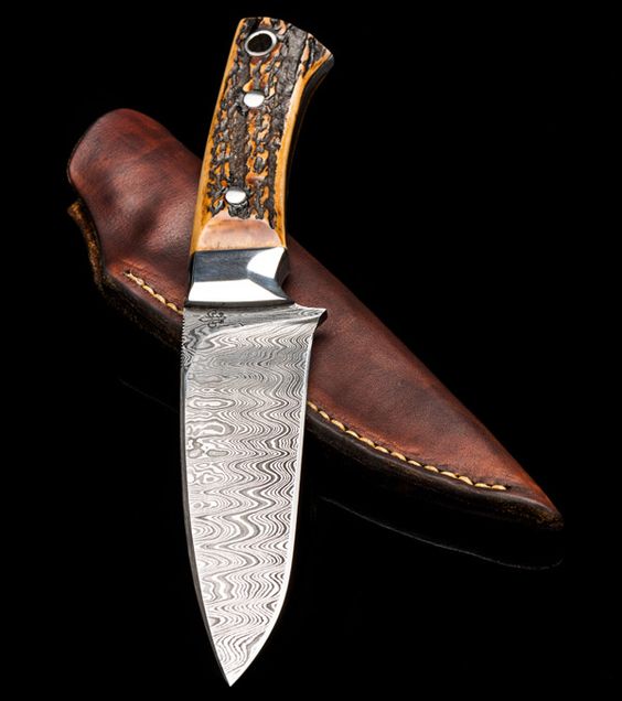 KBS Knives The Wilderness Elegance: Antler Horn and Steel Bolster Hunting Knife with Full Tang Damascus Steel Blade - 8.5 Inches
