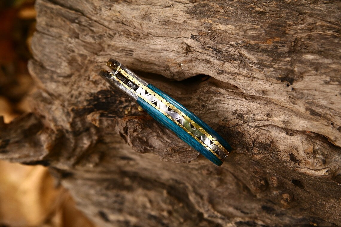 KBS Knives Custom Handmade Damascus Steel EDC Folding Pocket Knife – Exotic Wood Handle, 3-Inch Blade, Leather Case – Ideal Wedding Gift