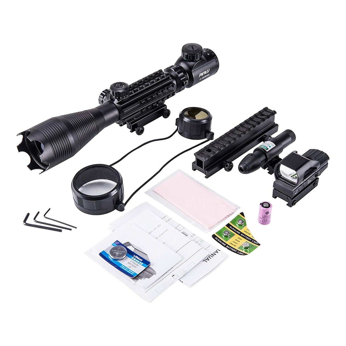Pinty Scopes 4-in-1 Rifle Scope Combo, 4-16*50mm Rangefinder Scope, Green Laser, Red & Green Dot Sight, 14 Slot Riser