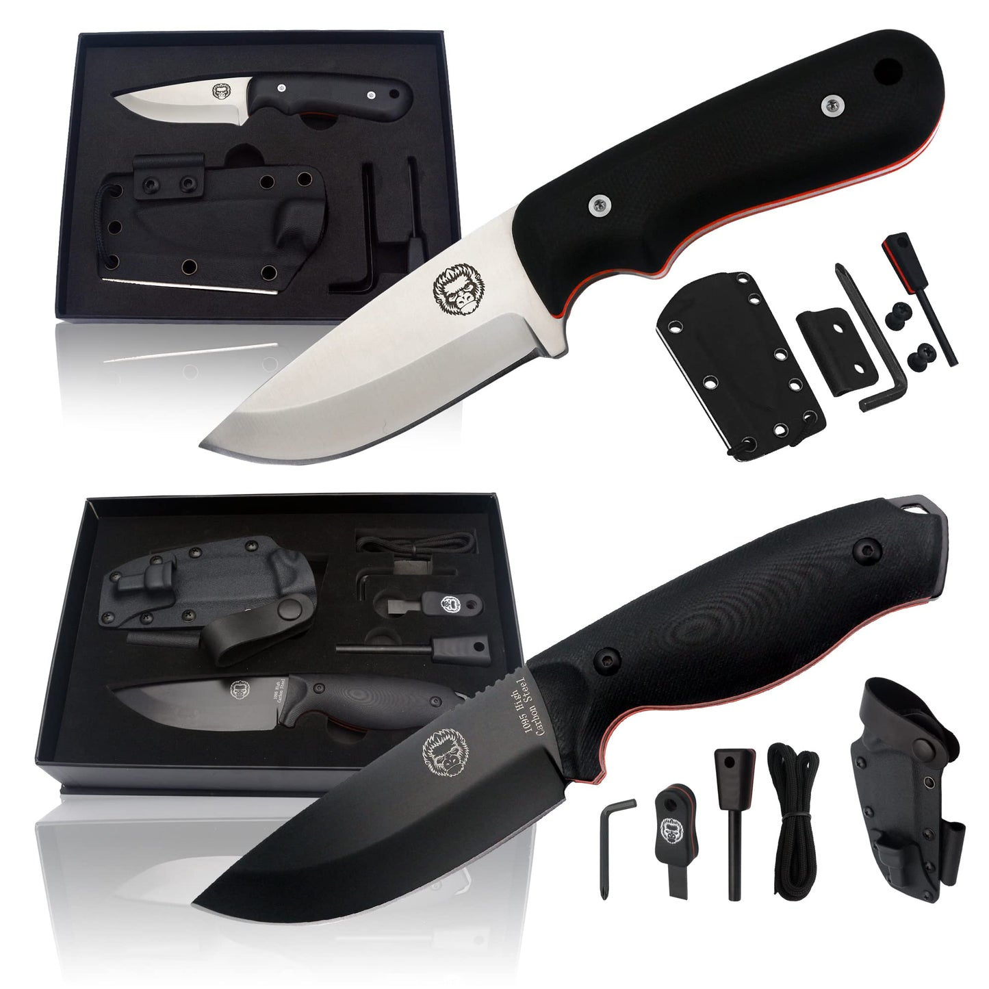 Holtzman's Gorilla Survival 1095 High Carbon Survival Steel Knife Gift Set and EDC D2 Damascus Steel Neck Knife Bundle