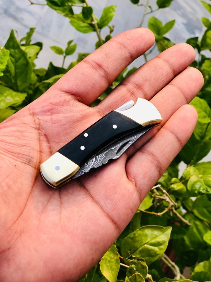 KBS Knives Custom Handmade Damascus Steel Small Folding Pocket Knife with Buffalo Horn Handle and Leather Case by KBS Knives Store.